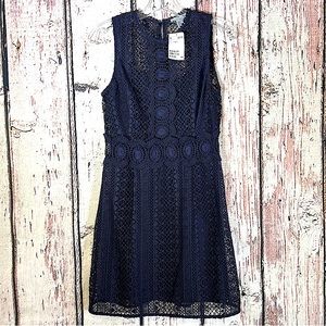 NEW NWT H&M Embroidered Lace Sheer Navy Blue Fit & Flare Dress Size 8 HTF